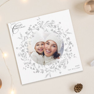 Grey Boho Wildflower Wreath Christmas Photo Square Holiday Card