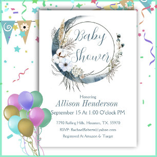 Grey Boho Wreath  Baby Shower Invitation