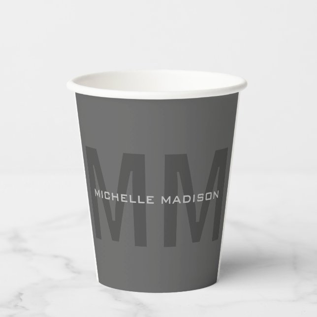 Grey Bold Monogram Modern Minimalist Name Initials Paper Cups (Front)