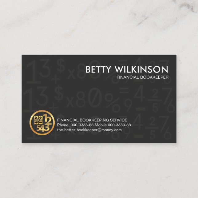 Grey Bookkeeping Number Symbols Business Card (Front)