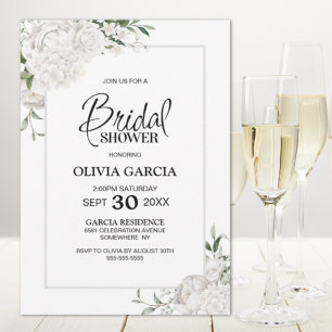 Grey Border White Floral Bridal Shower Invitation