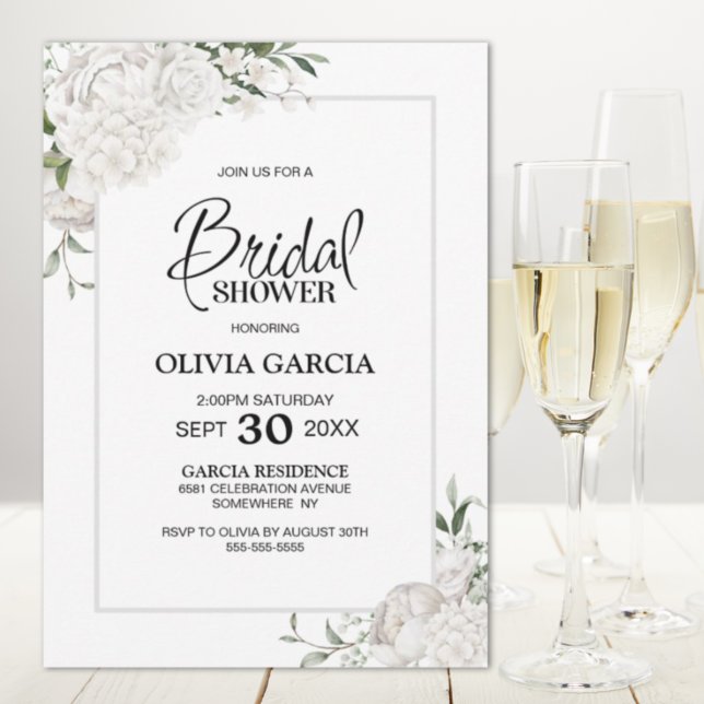 Grey Border White Floral Bridal Shower Invitation (Creator Uploaded)