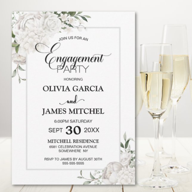 Grey Border White Floral Engagement Party Invitation (Creator Uploaded)