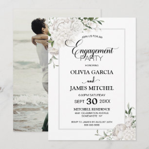 Grey Border White Floral Photo Engagement Party Invitation