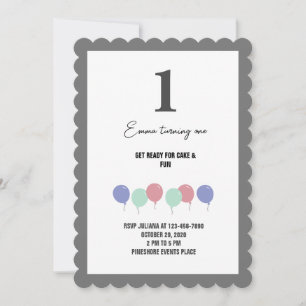Grey borders balloons 1st birthday Invitation