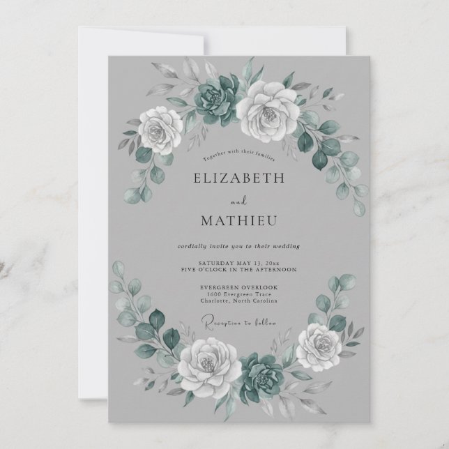 Grey Botanical Wreath Wedding Invitation (Front)