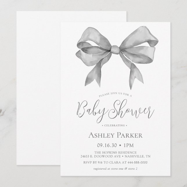 Grey Bow Boy Baby Shower Invitation (Front/Back)