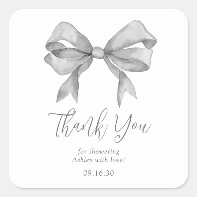 Grey Bow Boy Baby Shower Thank You Square Sticker (Front)