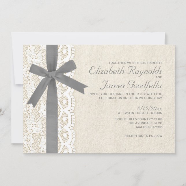Grey Bow & Lace Wedding Invitations (Front)