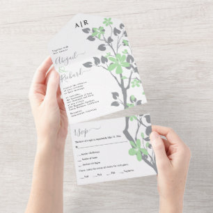 Grey branch with mint flowers initials wedding all in one invitation