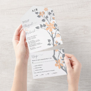 Grey branch with peach flowers initials wedding all in one invitation