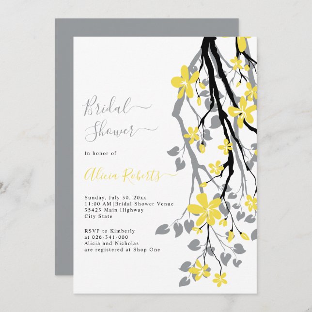 Grey branch with yellow flowers bridal shower invitation (Front/Back)