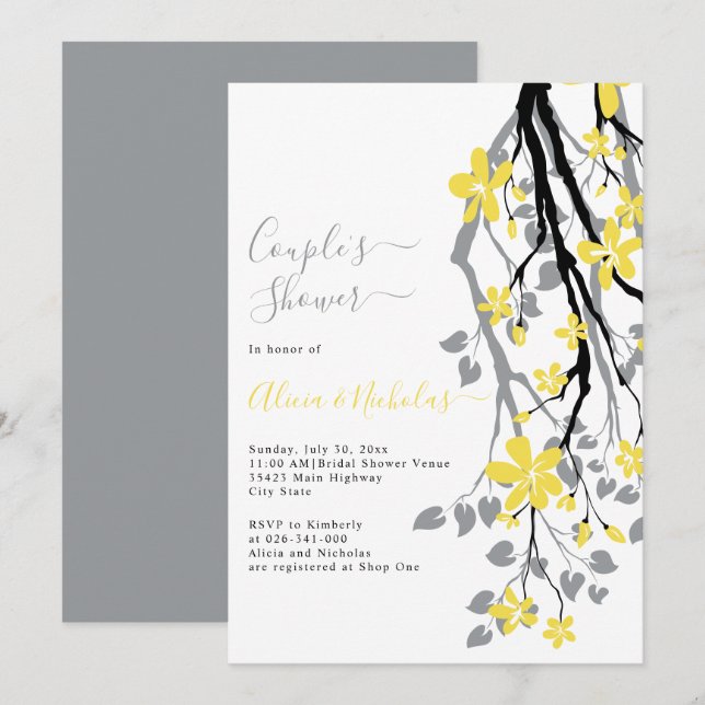 Grey branch with yellow flowers couples shower invitation (Front/Back)