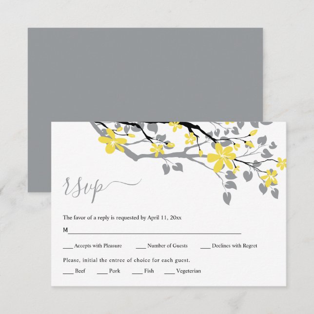 Grey branch with yellow flowers floral wedding RSVP card (Front/Back)