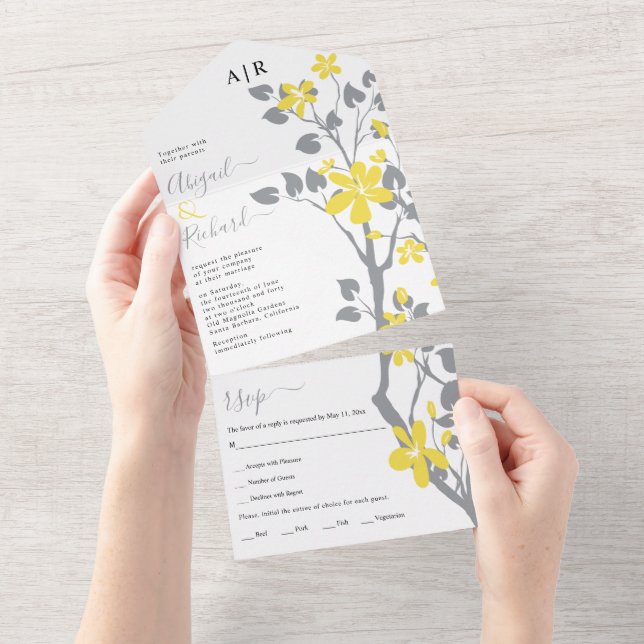 Grey branch with yellow flowers initials wedding all in one invitation (Tearaway)