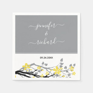 Grey branch with yellow flowers, names wedding napkin