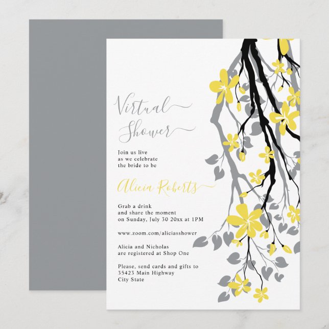 Grey branch, yellow flowers virtual bridal shower invitation (Front/Back)