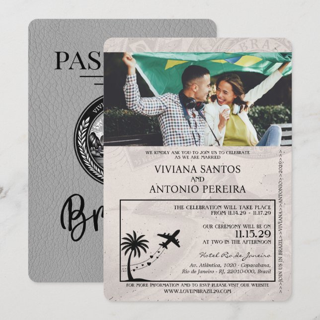 Grey Brazil Passport Wedding Invitation (Front/Back)