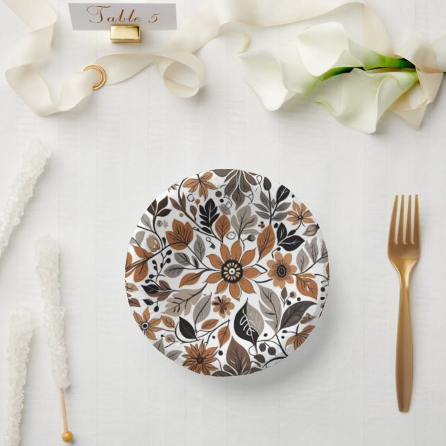 Grey Brown Floral Pattern Autumn Wedding Paper Plate (Wedding)