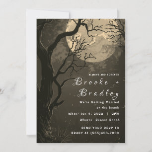Grey‑Brown Forest & Pale Moon Gothic Wedding Invitation