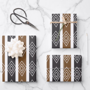 Grey Brown Geometric Diamond Stripes Wrapping Paper Sheet