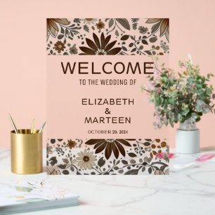 Grey Brown Leaf Pattern Autumn Wedding  Acrylic Sign