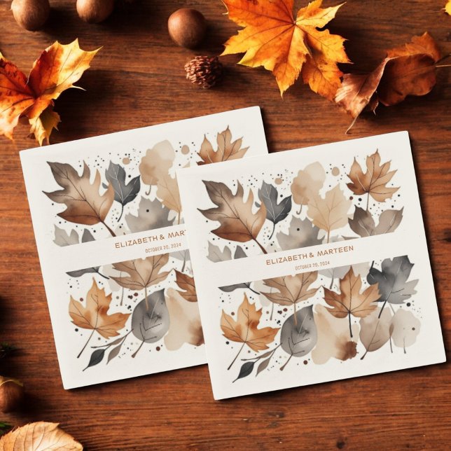 Grey Brown Maple Leaf Autumn Wedding Paper Napkin (Creator Uploaded)