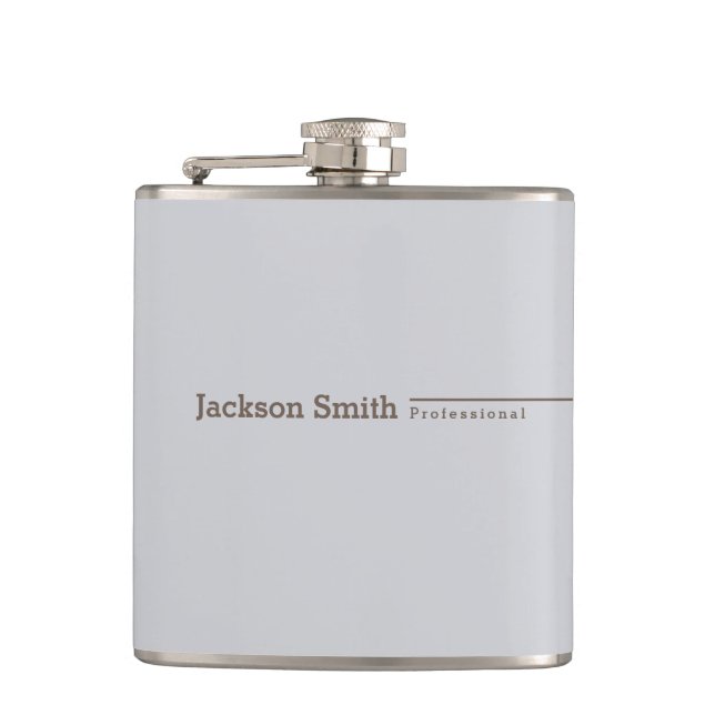 Grey brown modern minimalist personalised name hip flask (Front)