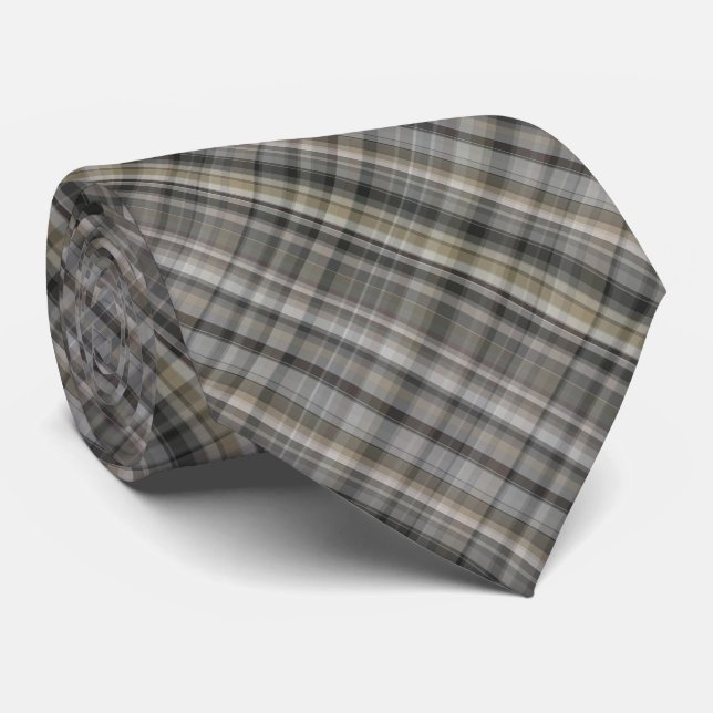 Grey Brown Neutral Plaid Boho Tie (Rolled)