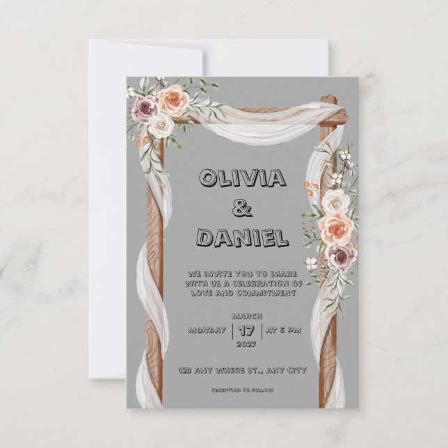 Grey, brown, rustic, and pink invitation (Front)