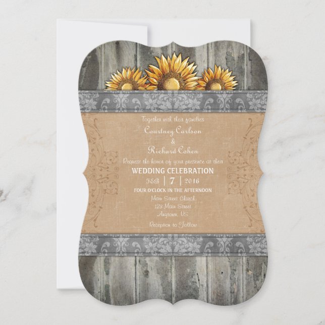 Grey Brown Rustic Sunflower Wedding Invite (Front)