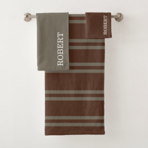 Grey &Brown Strips Pattern Custom Name Bath Towel Set
