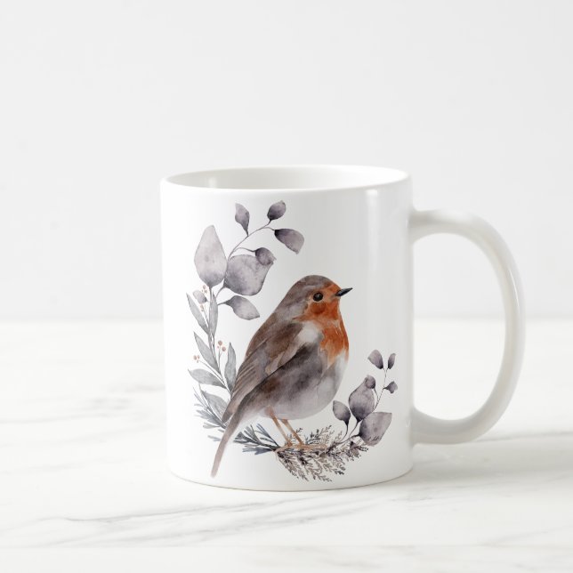 Grey Brown Watercolor Robin Bird Coffee Mug (Right)