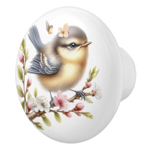 Grey Brown Yellow Bird  Blossoms Ceramic Knob