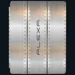 Grey brushed aluminium stripes geometric design iPad cover<br><div class="desc">Elegant modern masculine metallic design. Image of silver-grey brushed aluminium texture with masculine accents and customisable monogram.</div>