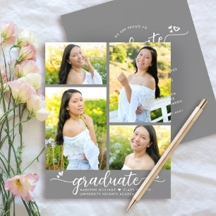 Grey Budget Graduation 4 Photo Script Invitation 
