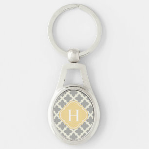Grey & Buff Modern Moroccan Quatrefoil Monogram Key Ring