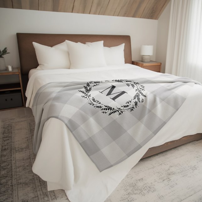 Grey Buffalo Check Wreath Monogram | Farmhouse Fleece Blanket (Creator Uploaded)