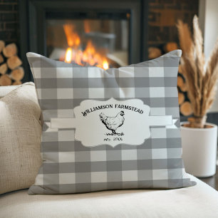Grey Buffalo Plaid Farm Chicken Throw Pillow