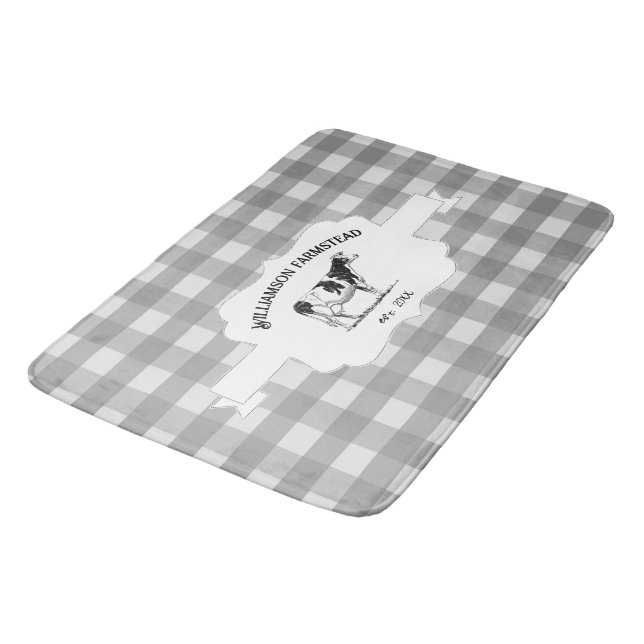 Grey Buffalo Plaid Farm Cow Bath Mat (Angled)