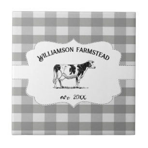 Grey Buffalo Plaid Farm Cow Decorative Tile