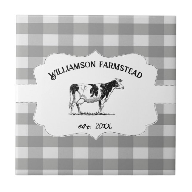 Grey Buffalo Plaid Farm Cow Decorative Tile (Front)
