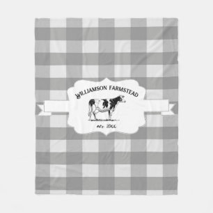 Grey Buffalo Plaid Farm Cow Fleece Blanket