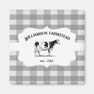 Grey Buffalo Plaid Farm Cow Magnet