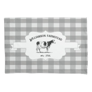 Grey Buffalo Plaid Farm Cow Pillow Case