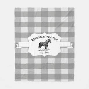 Grey Buffalo Plaid Farm Horse Fleece Blanket