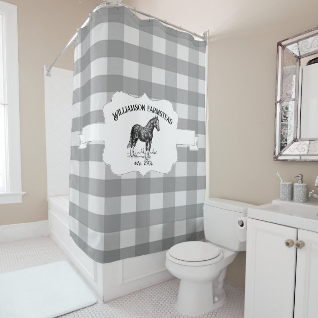 Grey Buffalo Plaid Farm Horse Shower Curtain (In Situ)