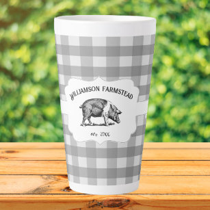 Grey Buffalo Plaid Farm Pig Latte Mug