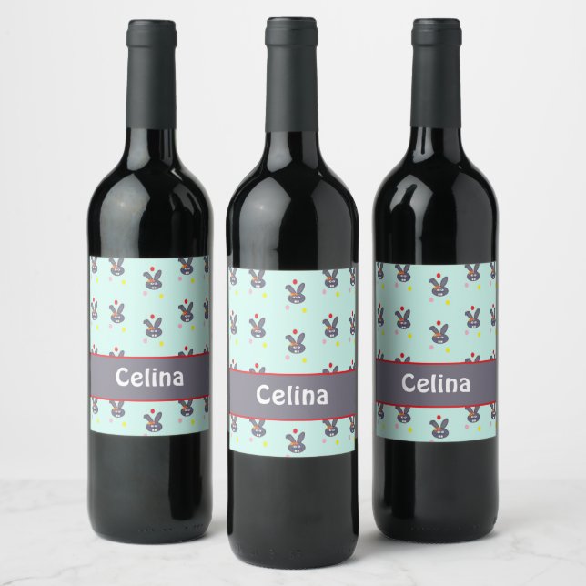 Grey bunnies on blue wine label (Bottles)