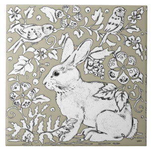Grey Bunny Rabbit Bird Floral Sketch Drawing Tile